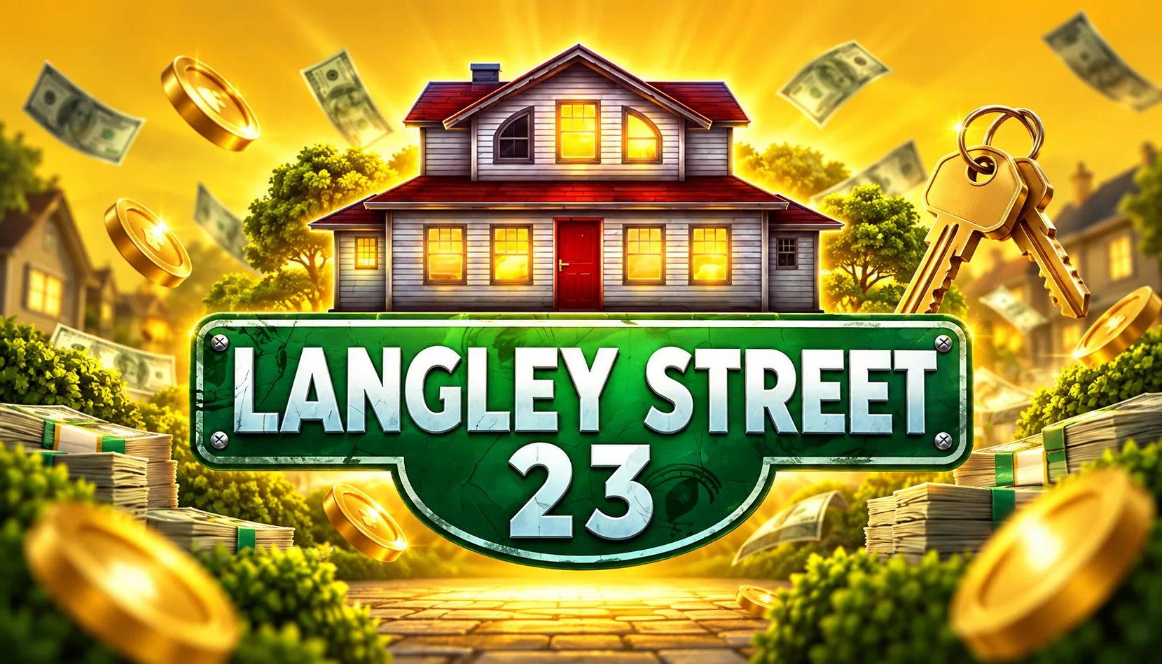 5x5 grid of the Langley Street 23 slot: agent wild and gold suitcase bonus symbol, art by ELK Studios
